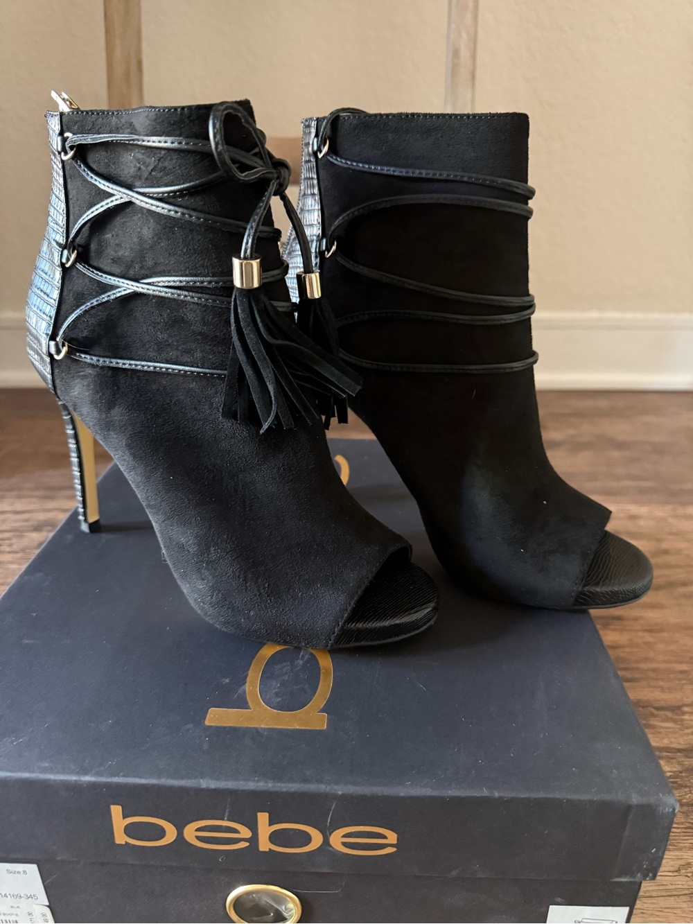 bebe Black Suede Peep-Toe Tassel Wrap Ankle Booties